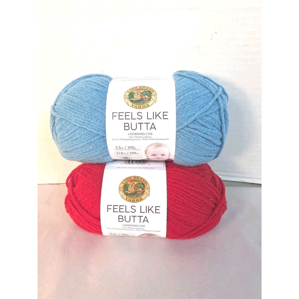 New Lion Brand Yarn Feels Like Butta Dusty Blue & Red 218 Yards Each